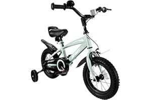 BODIOO Bicicleta infantil de 12 pulgadas con asiento ajustable, frenos duales, ruedas estabilizadoras, reflector y guardabarros, adecuada para conductores de 84 a 97 cm (gris menta)