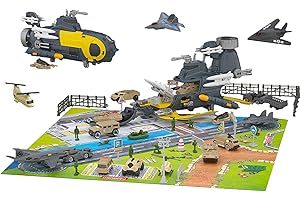 Maycoly Jouet Militaire Marine,Modèle de sous-Marin Militaire,Contient 18 Types de Transport avec Panneaux de Signalisation et Tapis de Jeu,Jouet Avion,Ensemble de Jouets Porte-Avions pour Enfants 3+