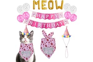 TCBOYING Cat Birthday Bandana, Cat Birthday Girl Hat Scarfs Flag Balloon with Cute Doggie Birthday Party Supplies Decorations