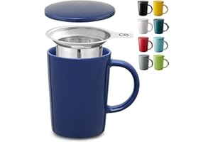 Cosumy Taza de Te con Filtro y Tapa 400ml - Ceramica - Mantiene Caliente la Infusion - Azul