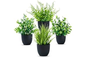 Laelfe 4 Packs Mini Artificial Plants in Black Pots, Small Faux Greenery Potted Plant for Bathroom Home Office Desk Indoor Decorations
