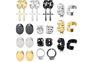 JeweBella 12Paires Boucles d'oreille Clip Homme Acier Inoxydable Magnétique Fausse Boucles d'oreilles Créoles Zircon Cubique Non Piercing Boucles d'oreilles Pendantes Croix Hypoallergénique Bijoux