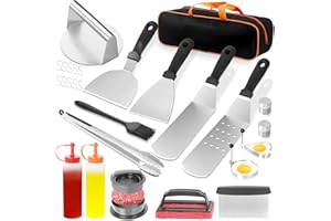 JUAUO Kit de 27 Pcs para Parrilla Plancha de Acero Inoxidable con Espátula, Raspador y Prensa para Hamburguesas, Utensilios Barbacoa Accesorios para Exteriores, Camping y BBQ