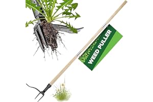 Bobety Standing Weed Puller Tool with 3-Part Detachable Handle and Metal Weeding Claws - Easy-to-Use Stand-up Manual Weeder for Garden Maintenance (Weed Puller+Wooden Stick)