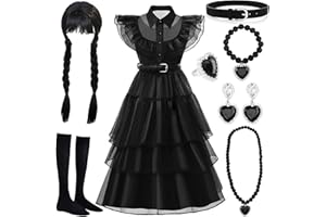 MWZEAUL Halloween Kostüm Kinder Mädchen, 8 pcs Halloween Costume Schwarz für Mädchen mit Perücke und Accessoires, Halloween Kostüm Kinder für Karneval Fasching Cosplay für Kinder 7-8 Jahren