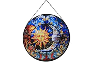 Payutou Hanging Stained Glass for Windows,20cm/7.87inch Sun and Moon Hand-Painted Glass Panel Window Hanging Suncatchers Christmas Ornaments Home Courtyard Decor,Housewarming Gift