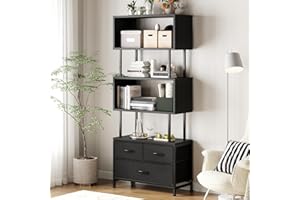 Coleshome Bücherregal, Regal mit 5 Etagen, Standregal mit 3 Stoffschubladen, Regal Schmal Geeignet für Schlafzimmer, Büro, Wohnzimmer, Küche, 60 x 24 x 155cm, Schwarz