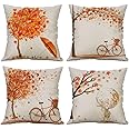 Herbstdeko Kissenbezüge 4er Set - 45x45cm Mit Ahornblättern & Kürbissen (100% Polyester)