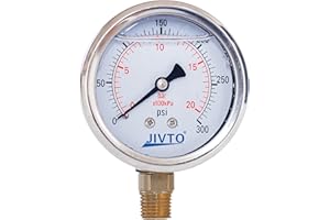 JIVTO Pressure Gauge,Glycerin Liquid Filled,2-1/2" Dual Scale Dia,0-300 psi/bar/kpa,1/4" BSPP Male Brass Connection,Lower Mount, Stainless Steel Case,for Pneumatic,Pump,Hose,Well Tank,Gas Air Water Oil