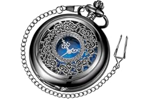 Tiong Quartz Pocket Watch Hollow Steampunk Blue Star Design Roman Numerals Pocket Watch with Chain Christmas Gifts