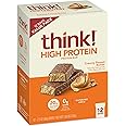 Think! Protein Bars, High Protein Snacks, Gluten Free, Sugar Free Energy Bar with Whey Protein Isolate, Creamy Peanut Butter, Nutrition Bars without Artificial Sweeteners, 2.1 Oz (12 Count)