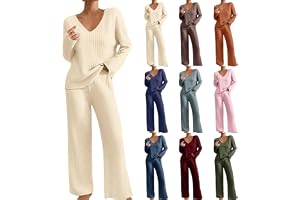 Tvådelad stickad damkostym, hemmadräkt dam ribbad loungeset, vinter, stickad loungewear set, elegant, enfärgad, joggingdräkt, V-ringad, hemmakläder, breda byxor, fritidsdräkt med fickor