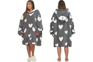 Dreamscene Heart Print Hoodie Blanket Sherpa Lined Fleece Womens Plush Oversized Giant Pull Over Soft Jumper Wearable Throw - Valentine Day Gifts