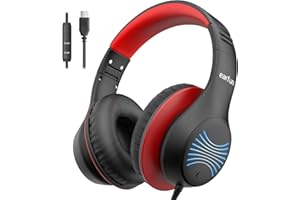 EarFun Kinder Kopfhörer mit LED-Leuchten, USB-C Kabel, 85dB Lautstärkenbegrenzer, HD-Mikrofon, Faltbare, Einstellbar, Komfortables Tragen, Hi-Fi Klang, Over Ear Kinderkopfhörer für Schule/Tablet, Rot