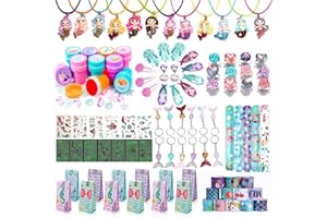 Vomkela 96 Stück Meerjungfrau Kindergeburtstag Geschenke,Meerjungfrau Geburtstag Deko Halsketten Ohrringe Ringe Schlüsselanhänger Armbänder Haar Karten Leuchtende Tattoo-Aufkleber Briefmarke