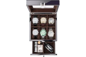 ProCase, 6 przegródek, organizer na zegarki męskie ze szklanym blatem, 2-poziomowa lakierowana szkatułka do przechowywania zegarków - czarna