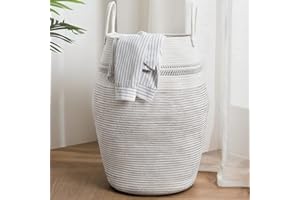 YOUDENOVA Cotton Rope Basket Large Blanket Basket Woven Storage Basket Toy Storage Organiser Nursery Decor Laundry Hamper with Handle 58L (49cm(D) x65cm(H), Y-white)