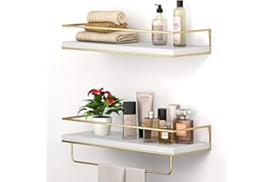 NUCAZA White & Gold Floating Shelves Wall Mounted Set of 2 With 18kg Capacity, Hanging Wall shelves for Bedroom, Kitchen, Bathroom, Living Room, Home Office, Storage Organiser - Solid Wood Shelf