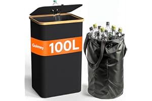 Guimey Contenitore da 100 l con coperchio e foro – raccoglitore di bottiglie con borsa per il trasporto e maniglie, contenitore vuoto per cucina, balcone, ripostiglio, contenitore riciclato per