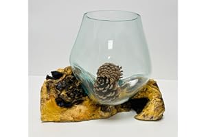 My Square Mile Molten Glass Display Bowl On Wood Root Stand Glass Rustic Ornament Sculpture Key Sweet Display Dish (Large)