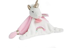 DOUDOU ET COMPAGNIE - Doudou Plat Licorne Carré - 20 cm - Rose/Blanc/Doré - Collection Lucie la Licorne - Tout Doux Pour Bébé- Idée Cadeau Naissance - Boite Cadeau - Garantie Doudou Perdu - DC3312