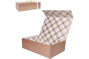 Tekhoho Caja de Regalos Grande Oro Rosa 33x23,7x10 cm, Caja de Regalos Premium con Tapa MagnéTica y Cinta para Embalaje de Regalos de Bodas y CumpleañOs, Forro a Cuadros