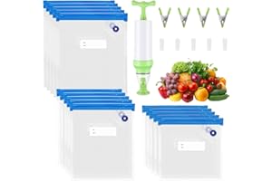 VACHELPER 15Piezas Kit de Bolsa Sous Vide Reutilizables, Bolsas al Vacío Alimentos con Válvula 1Bomba de Mano 5Clips Sellado 4Metal Clips Fáciles de Lavar y Reutilizar Selladas Prácticos Verduras Frutas Carnes