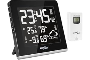‎GREEN BLUE Green Blue GB151 Profesjonalna Radiowa Stacja Pogodowa z Czujnikiem Zewnętrznym DCF i Prognozą Pogody, 9-Kolorowy Wyświetlacz LCD z Funkcją Ładowania USB, Bezprzewodowa Stacja Pogody