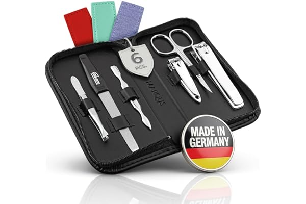 marQus kit manucure Kit, 6 Pièces Solingen Allemagne – 2 Coupe-Ongles, Lime à Ongles, Repousse-Cuticules, Ciseaux à Ongles, Pince à Épiler, Trousse en Cuir