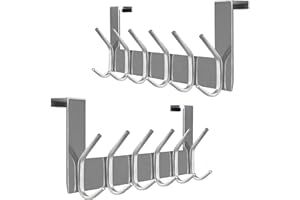 SKOLOO Lot de 2 porte-manteau avec 6 crochets, crochets de porte à suspendre sans perçage, porte pour cuisine, salle de bain, salon et couloir, argenté