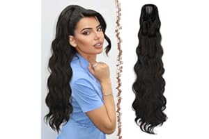 FESHFEN Ondulés Queue de Cheval Extension avec Cordon, 75cm Longue Ponytail Cheveux Naturel Peigne Clip in Postiche Cheveux Synthétique Marron Noir Extension Cheveux pour Femmes