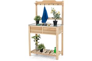 TANGZON Garden Potting Table, Wooden Potting Bench with Flip-open Galvanized Metal Tabletop, 5 Hooks, Storage Box & Bottom Shelf, Outdoor Gardening Planting Workstation for Patio Yard, 80 x 42 x 141cm