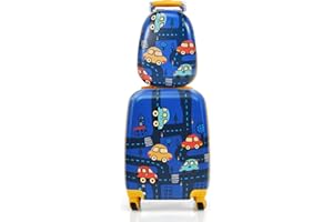 Maxmass 2PCS Kids Luggage Set, 18" Hard Shell Children Suitcase with 12’’ Backpack, Girls Boys Trolley Case for School Travel (Car, Blue)