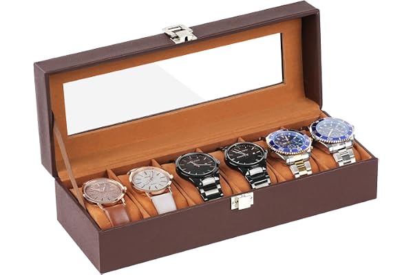 OFFCUP Klockbox med 6 fack, klockfodral med glaslock, PU-läder klockdisplay förvaringslåda med avtagbara kuddar, presentidé för smycken armband armring förvaring