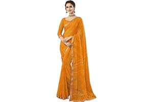 SIRIL Women's Bandhani Printed & Lace Chiffon Saree with Blouse