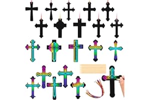 THREAN 20 Set Scratch Cross Ornaments Scratch Bookmarks Kids Bookmarks Scratch Paper Crosses with 20 Ribbons and 10 Wood Sticks for Home Activities Sunday School Classroom Art DIY Crafts