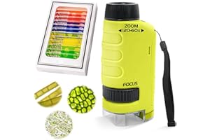 DAZZTIME Taschenmikroskop 60X-120X mit LED - Tragbares Mikroskop für Kinder, Studenten und Erwachsene - Mit 12 Objektträgern