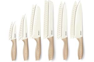 CAROTE Juego Cuchillos Cocina,Juego de Cuchillos de Chef por Verduras,12 Piezas con Revestimiento de Color Antiadherente,6 Cuchillos con Diseño de Cerámica y 6 Fundas,Aptas para el lavavajillas