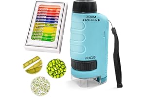 DAZZTIME Microscopio de Bolsillo para Niños 60x-120x Mini con 12 Portaobjetos, Iluminación Led, Portátil - Juguetes Experimentales