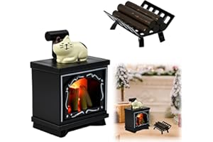 Favengo 3 Pcs Lutin Farceur Accessoires Noël, Accessoire Maison de Poupée, Miniature Crèche de Feu de Camp, Miniature Cheminée Lumineuse + Bois de Chauffage + Chat, pour Déco Fête Festival Cadeau