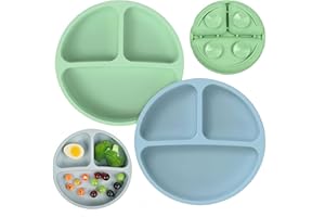 YIAGUN Baby Plates with Suction - 2 Pack Silicone Divided Plates for Toddler Kids Self Feeding - Non Slip, Suitable for High Chairs Tray and Tables - Portable (Blue+Green)