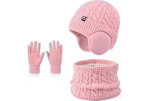 Enwokran Cappello Scaldacollo Guanti Set Invernale Bambini Sciarpa Guanti Berretto in Maglia Guanti Touch Screen Termici Cappello con Paraorecchie Calde per Sport All'aria Aperta 4-10 Anni