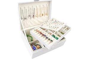 Homeanda Joyero de 2 capas, cajas de joyería de cuero para mujeres, niñas, adolescentes, organizador de joyas, caja de almacenamiento de joyas con cerradura (UG-blanco)