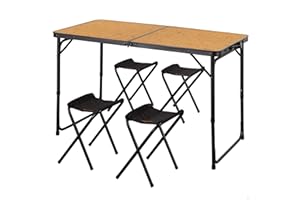 AKTIVE 63162 Mesa Plegable de Aluminio con 4 taburetes de Acero, Altura Regulable 60/70 cm, Superficie 120 x 60 cm, Acabado bambú, diseño portátil con asa para Camping, Playa y jardín,