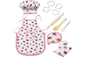 DecStore Kids Chef Set,11PCS Kids Cooking and Baking Set,Includes Apron for Little Girls, Chef Hat, Mitt & Utensil- Best Gifts for Kids Age3+ White