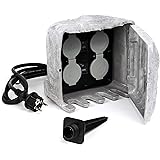 Gartensteckdose 4fach in Steinoptik, IP44, Außensteckdose mit Sensor für Dämmerung und 1,5m Kabel