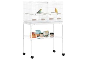 PawHut Bird Cage with Divider, Parrot Cage with 4 Wooden Perches, Slide Out Tray, 4 Feeders and Wheeled Stand, for Budgie, Lovebird, Canary, Finches, 76 x 46 x 116cm, White