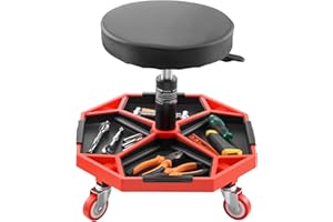 VEVOR Taburete Mecánico con Ruedas Carga de 136 kg Asiento de Garaje Altura Ajustable 420 y 550 mm Taburete de Trabajo con Bandeja para Herramientas para Taller, Reparación de Autos, Negro y Rojo