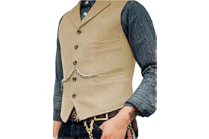 HSLS Chaleco de traje de negocios para hombre Chaleco de tweed de lana de solapa con muesca de ajuste regular para boda(M, champán)