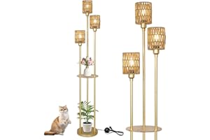 ‎RAYOFLY Rayofly Stehleuchte, goldfarben, 3 Flammen, Regal, Rattan-Lampenschirm, Fußschalter – modern, Boho, Schlafzimmer, Büro, Wohnzimmer